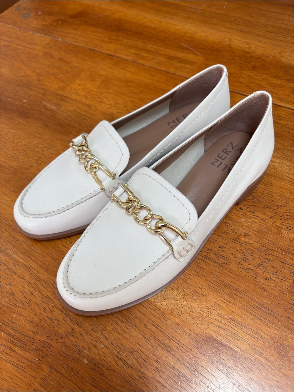 Naturalizer Cream Loafers with Gold Chain Accent